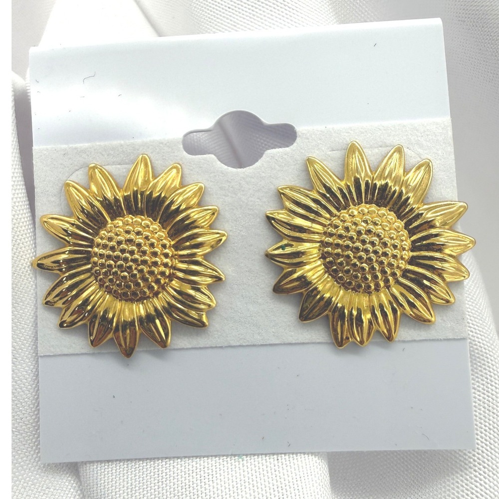 Gold Sunflower Stud Earrings Large Floral Nature Inspired Summer Jewelry NEW